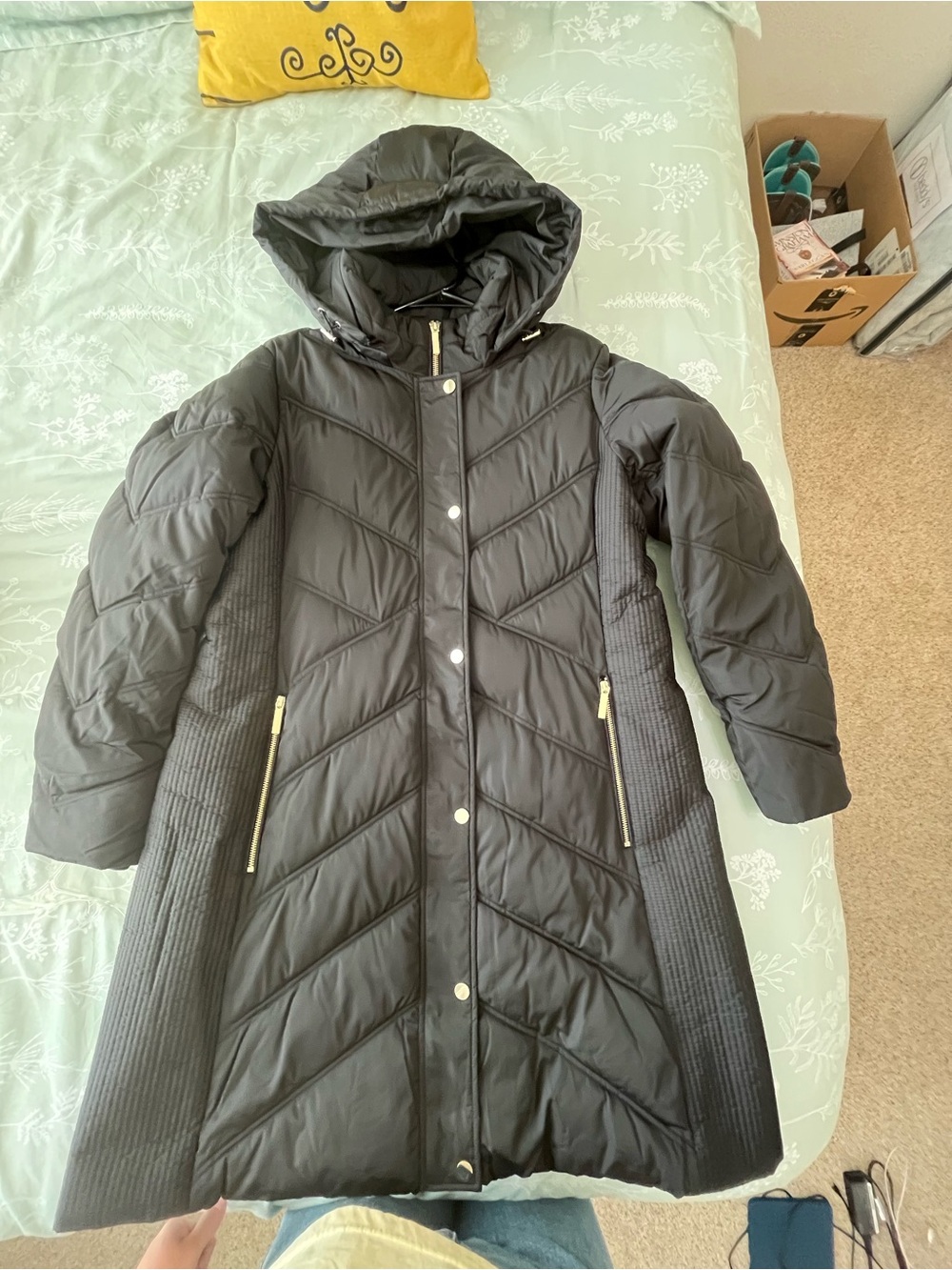Liz Claiborne Black Hooded Quilted Long Puffer Coat